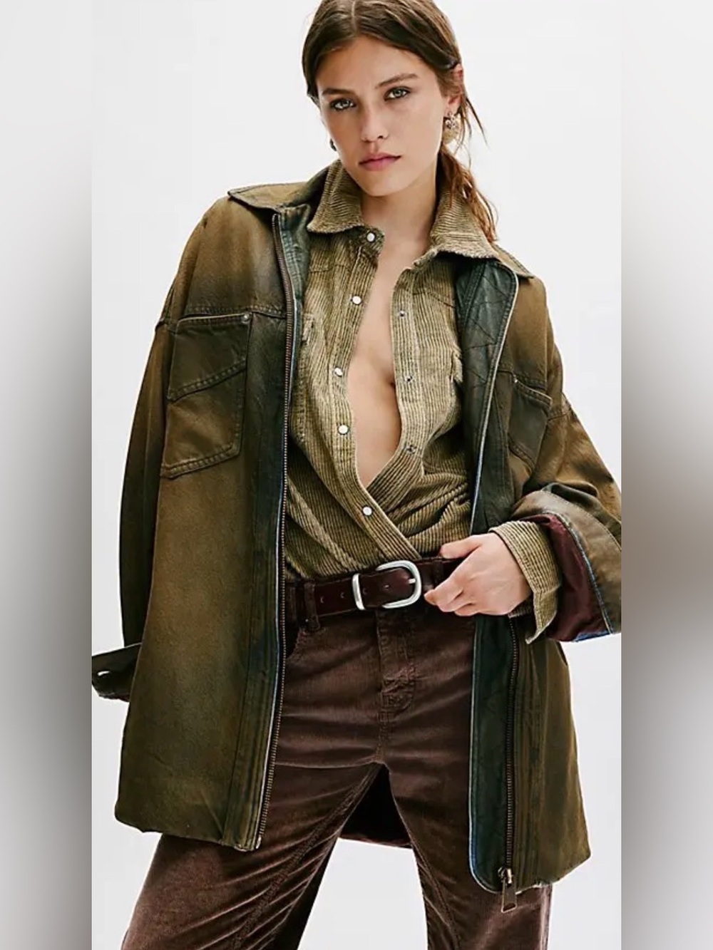 Free People Aimee Coated Denim Jacket We The Free Zip Pockets Distressed Olive